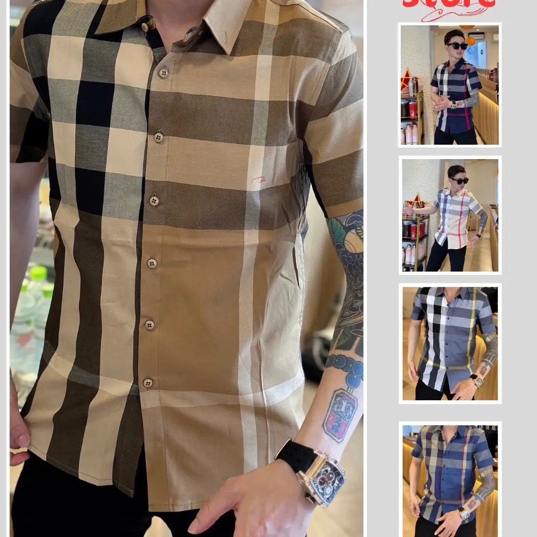 Áo sơ mi nam tay ngắn sọc caro ,chất liệu cotton ,vải dệt kim cao cấp Menswear Có Cổ