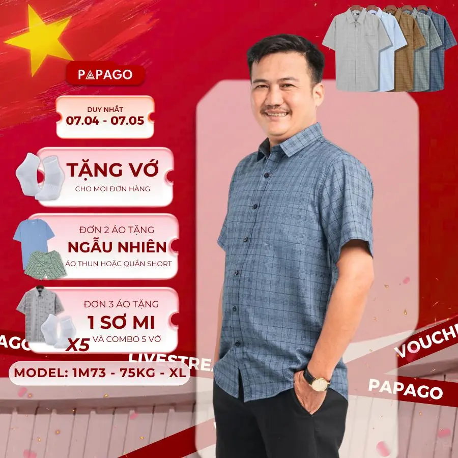 Áo sơ mi nam trung niên PAPAGO tay ngắn lai bầu sọc caro xô đũi mềm mịn cao cấp - P23SNCR003