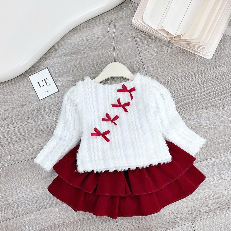 Ong Kis sét áo lông mền nơ nổi kèm chân váy nhung đỏ cho bé gái 8-32kg