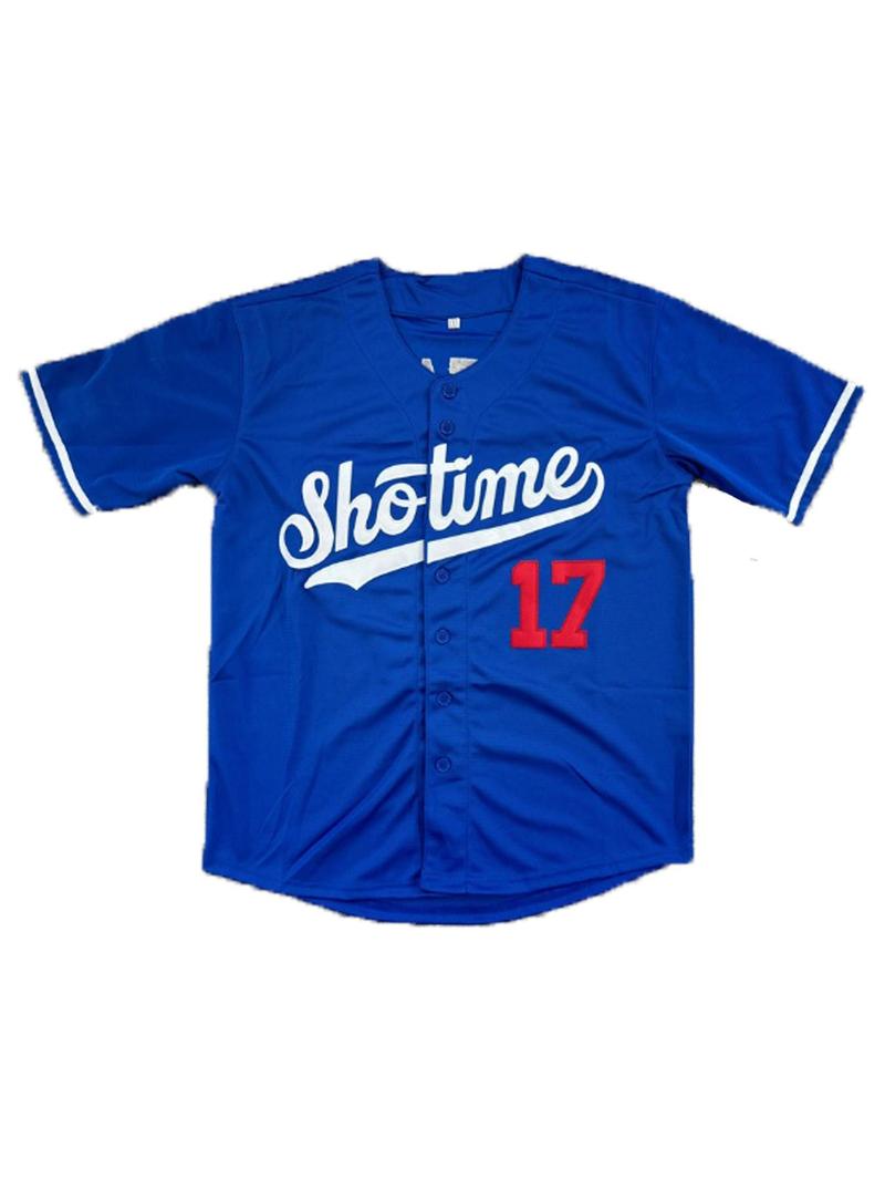 Product Introduction of Men's Letter & Figure Patched V Neck Baseball Jersey, Loose Casual Comfortable Breathable Button Front Short Sleeve Baseball Top for Daily Wear, Men's Sportswear for All Seasons 8
