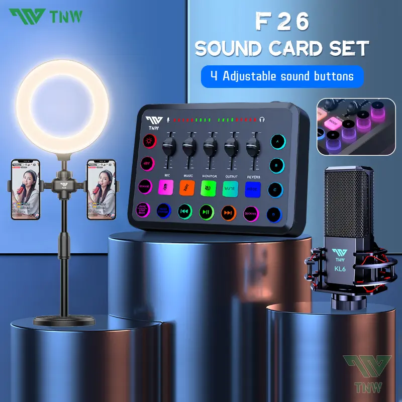 TNW F26 Sound Card Microphone Kit Mixer Audio Mixer Sound card  Broadcast Mic Sound Card for Phone/Laptop Record