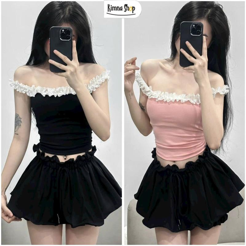 Áo Croptop Trễ Vai Tay Bèo Ôm Body Xinh Xắn