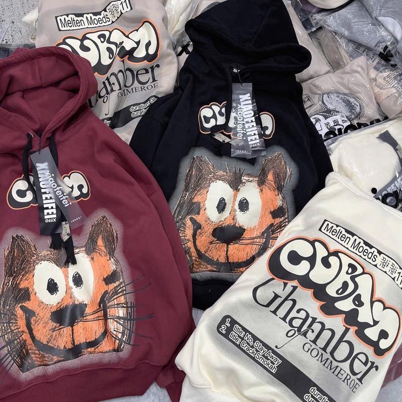   Nỉ Nhung_Lông Cáo  Áo hoodie nam nữ in hình 2 mặt siêu to Mèo Cuba form rộng mũ to giặc không xù Menswear Dài Tay 