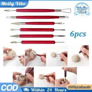 6Pcs Set Alat Ukir Tanah Liat Double Head Gagang Kayu Solid Untuk Keramik DIY Sculpting Seni