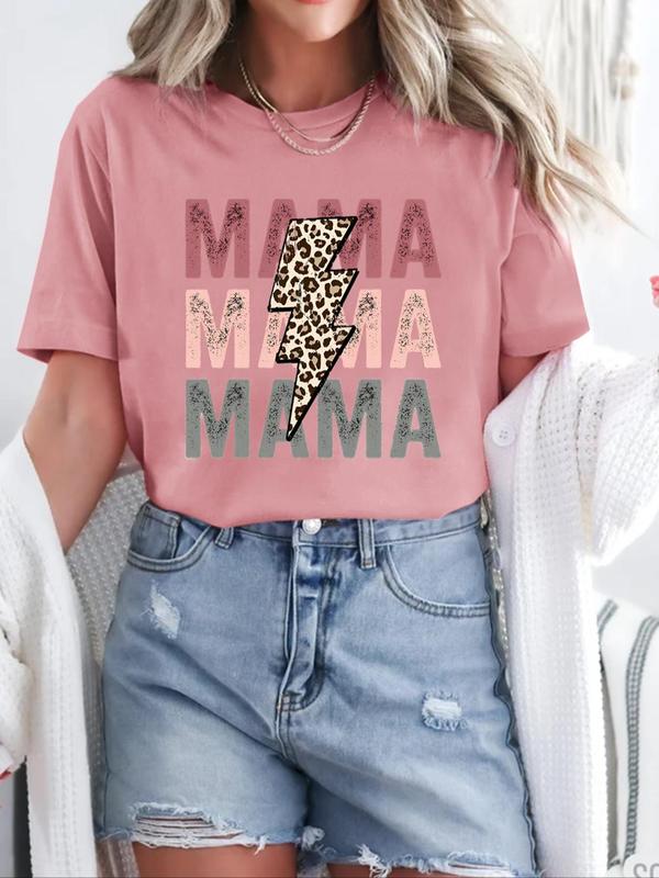 Women's Leopard Lightning & Letter Print Round Neck Tee, Summer Clothes, Fashion Casual Short Sleeve T-Shirt for Daily Wear, Ladies Clothes for Summer 2