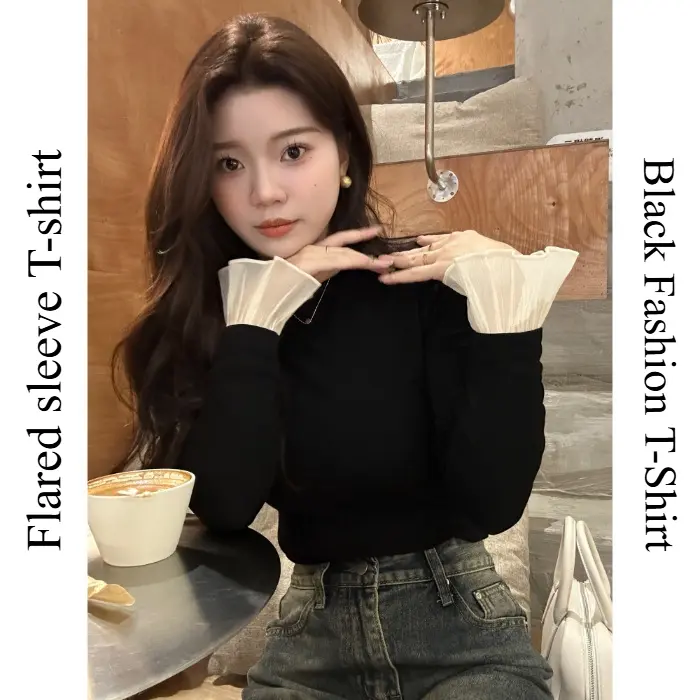 Super Sale! BF5-Z # 112A Áo Thun Đen, Hàng Mới Về, Có Tay Loe, Mềm Mại Và Co Giãn Top Nữ Women Sơ Mi Cổ Tròn Shirt 4