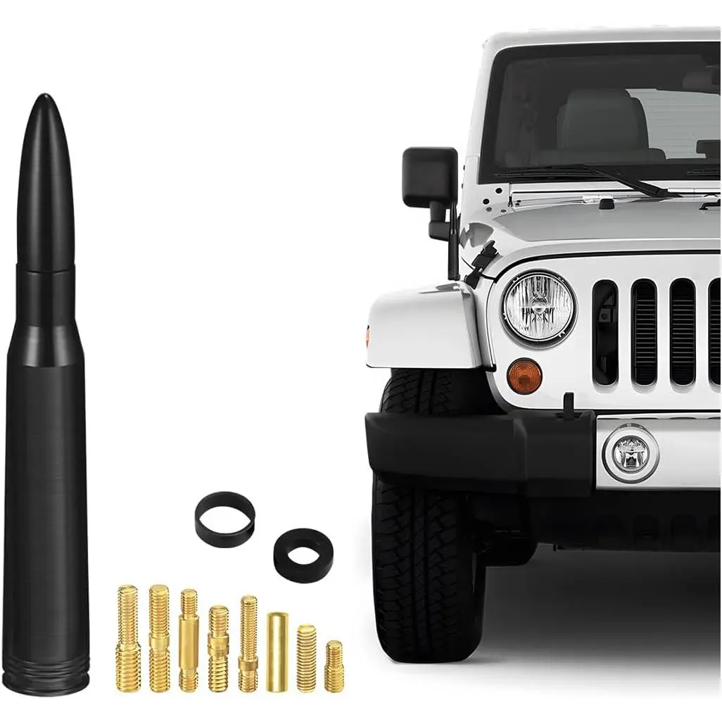 Car Truck Antenna Mast, 5.5 Inch Short AM/FM Radio Antenna Replacement, 9 Thread Adapters and 2 Rubber Rings, Car Accessories, Universal Aluminum Antenna Mast for Truck, Pickup, SUV (Black)