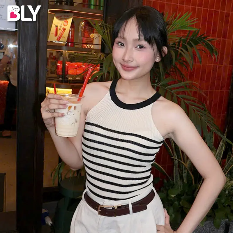 Áo yếm dệt kim , sọc dành cho nữ , áo mặc phù hợp cho mùa hè ,lớp bên trong áo sơ mi cơ sở ,áo không tay .