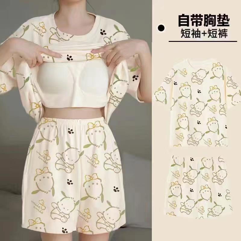 Product Introduction of Pajamas Women's Summer Short Oversleeves Sweet with Chest Pad Korean Cartoon Student Casual Homewear Loose plus Size Summer 44