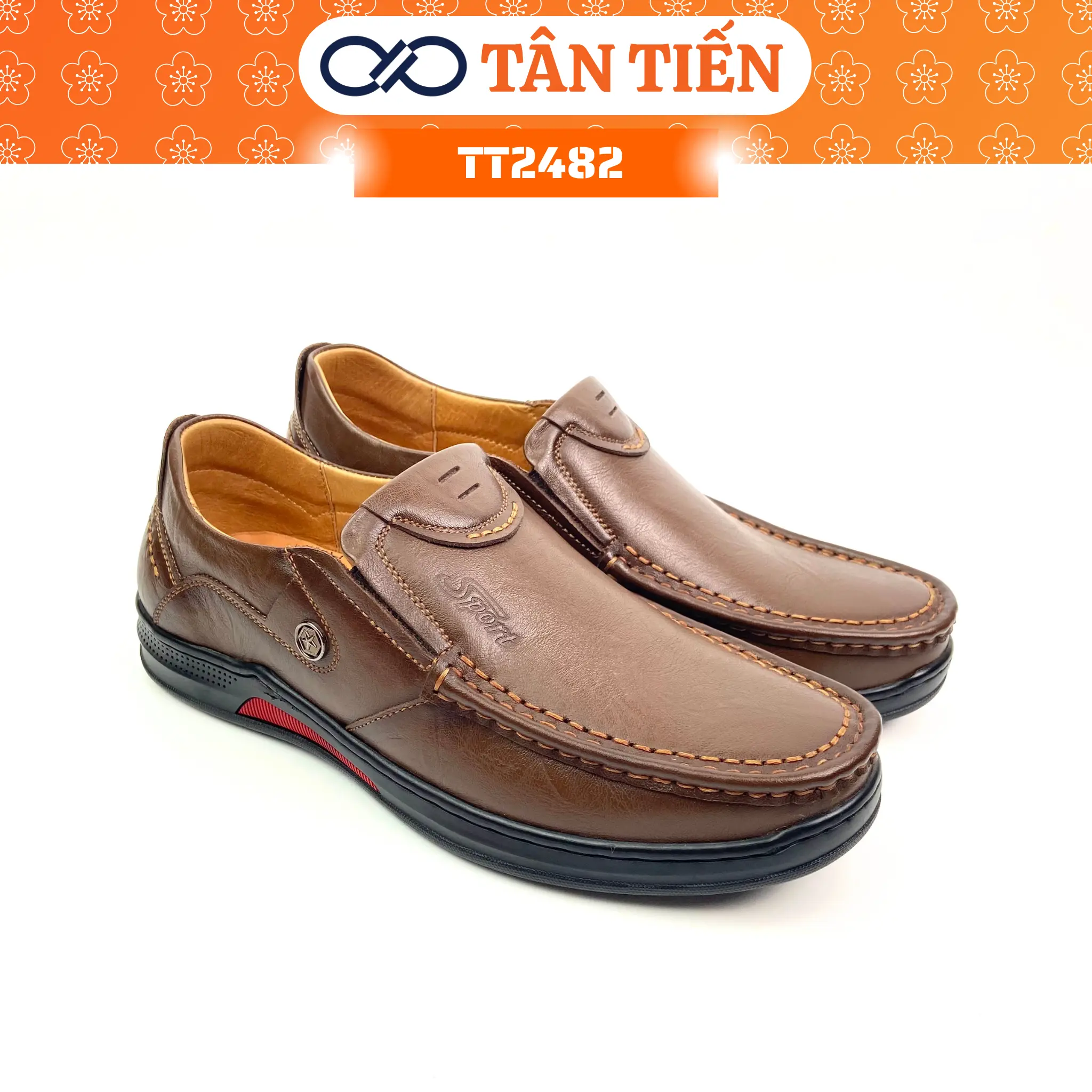 Giày Lười, Polo Nam Tân Tiến Trung Niên Da Bò, Đế Bằng Cao Su Đúc, Khâu Đế Chắc Chắn, Kiểu Dáng Lịch Sự - Tặng kèm Tất - Bảo Hành 24 Tháng TT2482 Mũi tròn Nhung giày  da