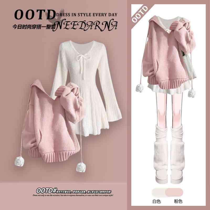 Product Introduction of Winter Set Women's 2024 New Gentle Knitwear Sweater with Pure Desire Style Dress Slim Two-Piece Set 6