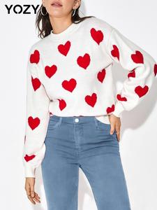 YOZY Heart Print Sweater/ Casual Long-sleeve Drop Shoulder Mock Neck Jumper Knitwear Top, 2024 Women's Daily Wear for Autumn & Winter