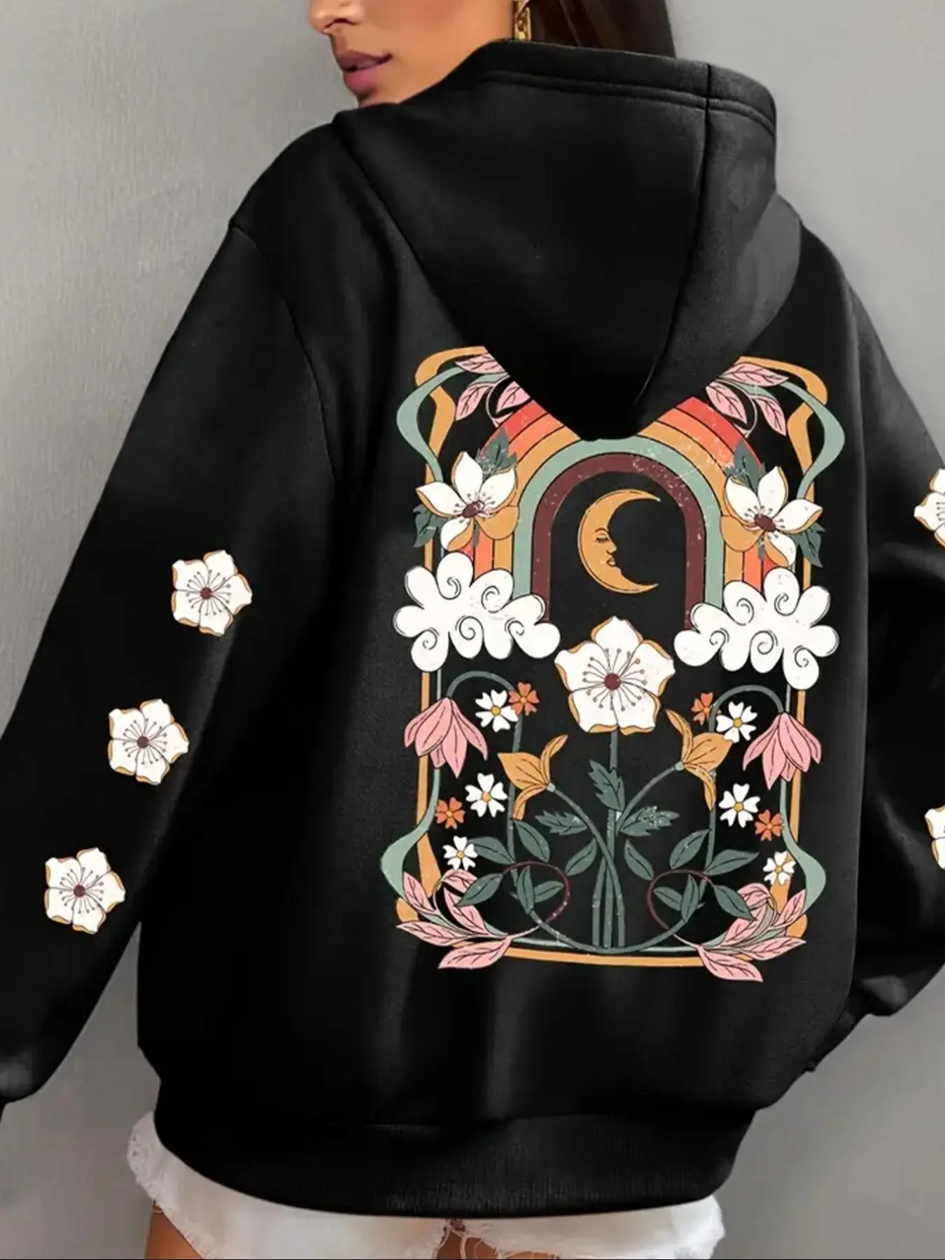 【Plus Size】 Floral & Moon Print Drop Shoulder Hoodie, Fashion Casual Drawstring Pocket Hooded Sweatshirt for Daily Holiday Outdoor Wear, Women Clothing for Fall & Winter