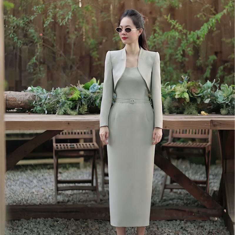 ( xả kho ) Váy Thiết Kế Hà Anh phối áo khoác dài tay dáng lửng H17 cho Nữ -