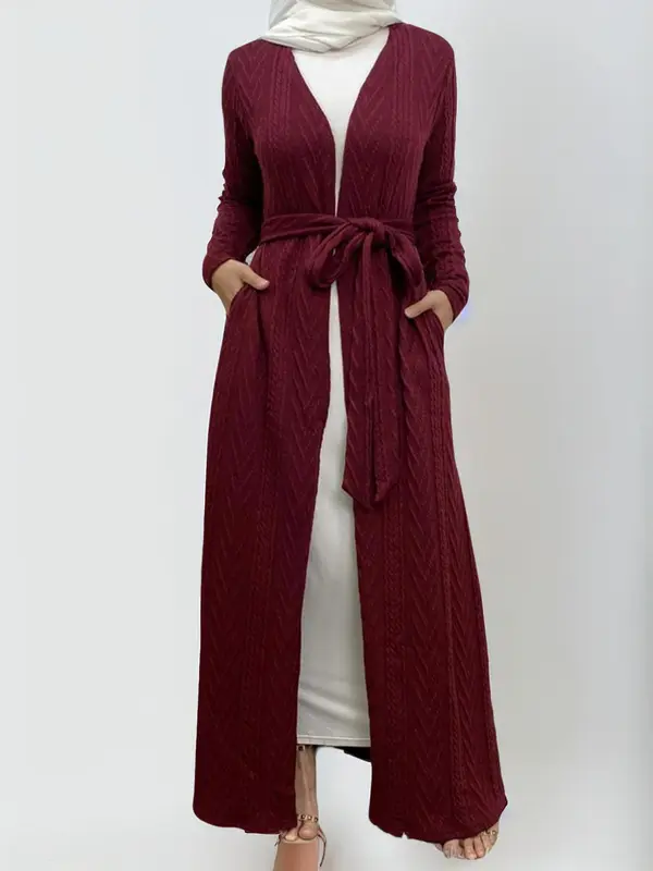 Women's Solid Long Sleeve Belted Abaya Without Hijab, Elegant Pocket Long Sleeve Open Front Outerwear, Fashion Muslim Clothing For Fall & Winter, Abaya Coat 0