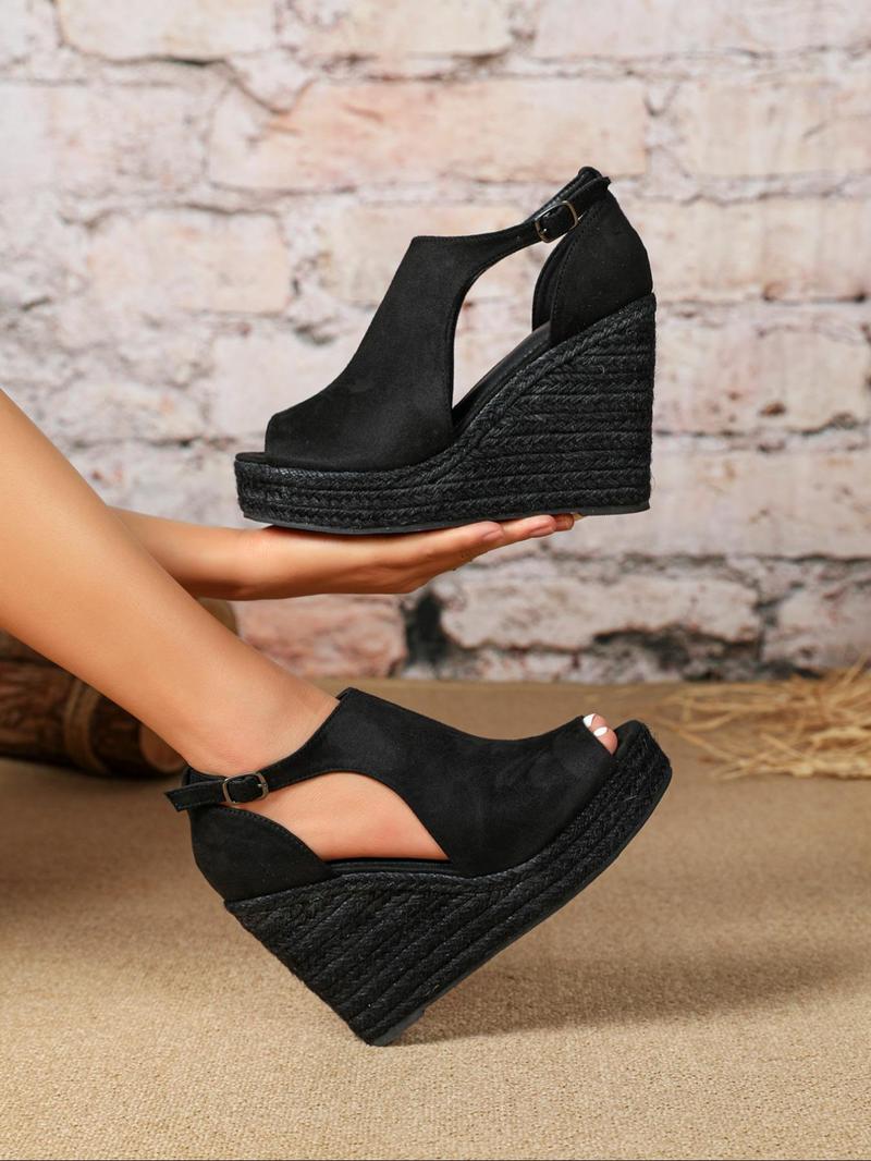 Product Introduction of Women's Fashionable Espadrille Peep Toe Wedge Sandals, Trending Sandals, Casual Hollow Out Design Buckle Decor Flatform Shoes, Beach Party Vacation Footwear, Fashion Shoes for Daily Clothing Decor 3