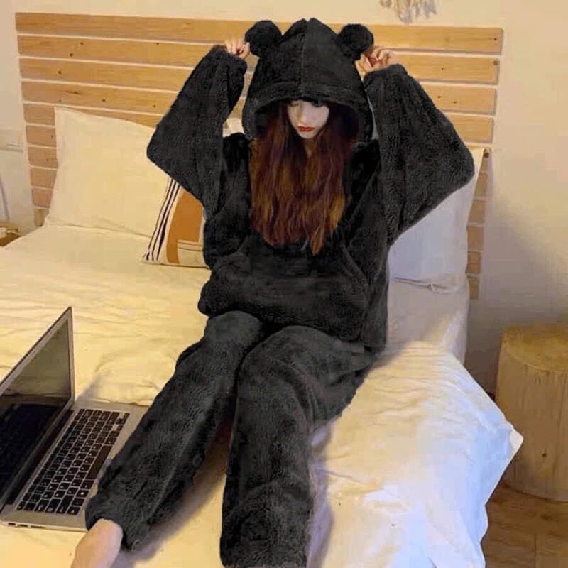 Bộ đồ lông cừu hoodie mũ siêu to tai thỏ siêu ấm áp thời trang hàn quốc