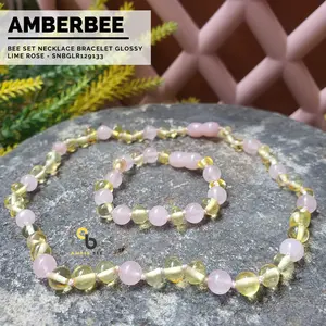 AMBERBEE Set Kalung Gelang Amber ORI Baltic Anak Premium Glossy Lime Gemstone Rose SNBGLR129133