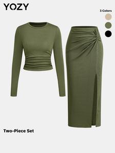 YOZY 2-Piece Sets Solid Ruched Crop Top & Twist Split Skirt, Women's Daily Wear, Fall Outfits, Winter Outfits, Valentine's Day Gift for Girl, Tummy Flattering
