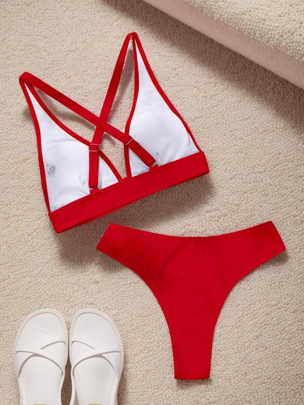 Two-Piece Set Women's Solid Criss Cross Deep V Neck Swimsuit, Casual Swim Top & High Waist Swim Bottom, Summer Beach Swimwear, Bikini Sets 8