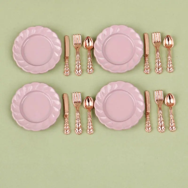 Miniature Cutlery Set (16pcs/set), Including 4 Knife, 4 Fork, 4 Spoon and 4 Plate, Cute Doll House Kitchen Accessories