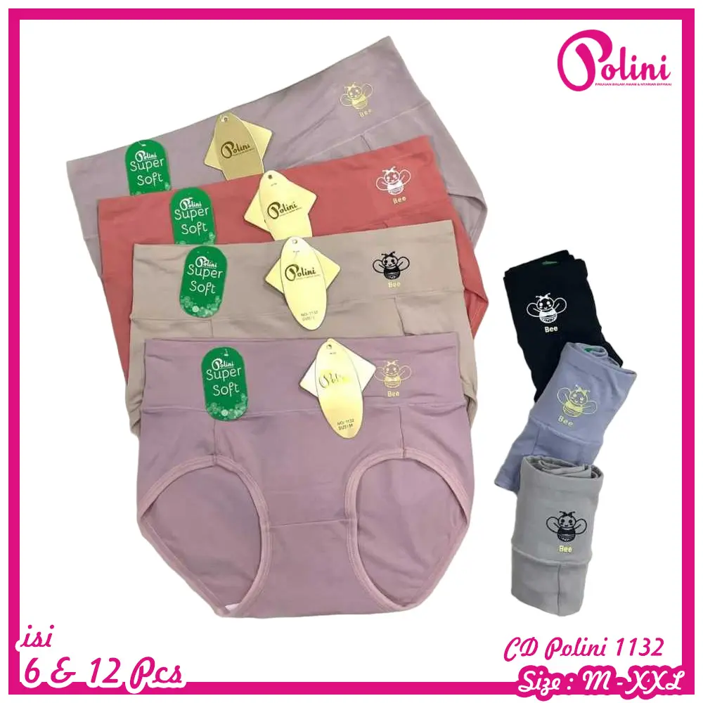 Polini - Paket Hemat 6PCS & 12PCS Celana Dalam Pendek Wanita Dewasa High Waist Nyaman di pakai Lembut Polini Super Soft 1132