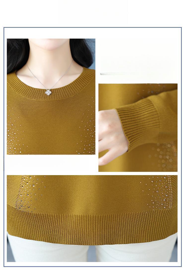 Product Introduction of Knatwear women's round neck rhinestone sweater new fashion mom loose Western style knits long sleeve thin top crop 11