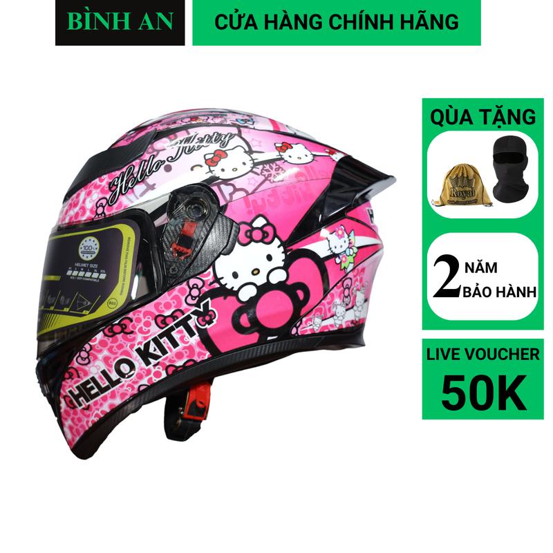 ( TẶNG KÈM KHĂN TRÙM + TÚI ĐỰNG ) Mũ bảo hiểm Fullface Royal M138B 1 kính lên tem hello kitty Màu Hồng Chính Hãng Helmet