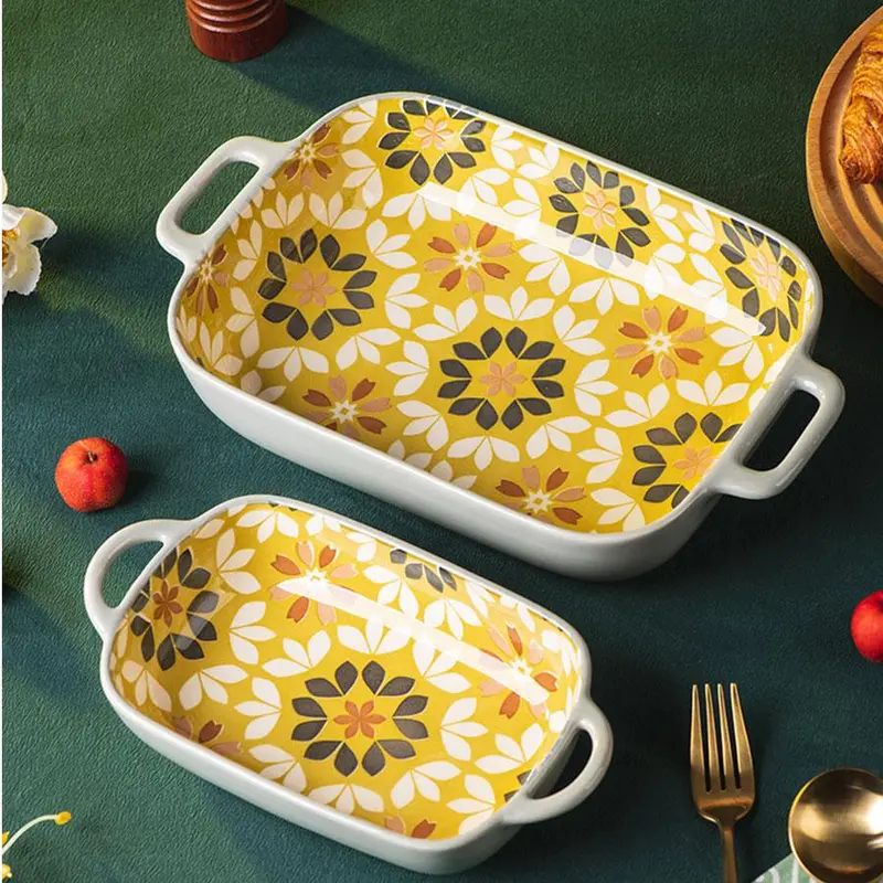 Floral Pattern Rectangular Baking Dish, 1 Count Double Handle Baking Pan, Baking Tray, Kitchenware for Home Use, Housewarming Gift 7