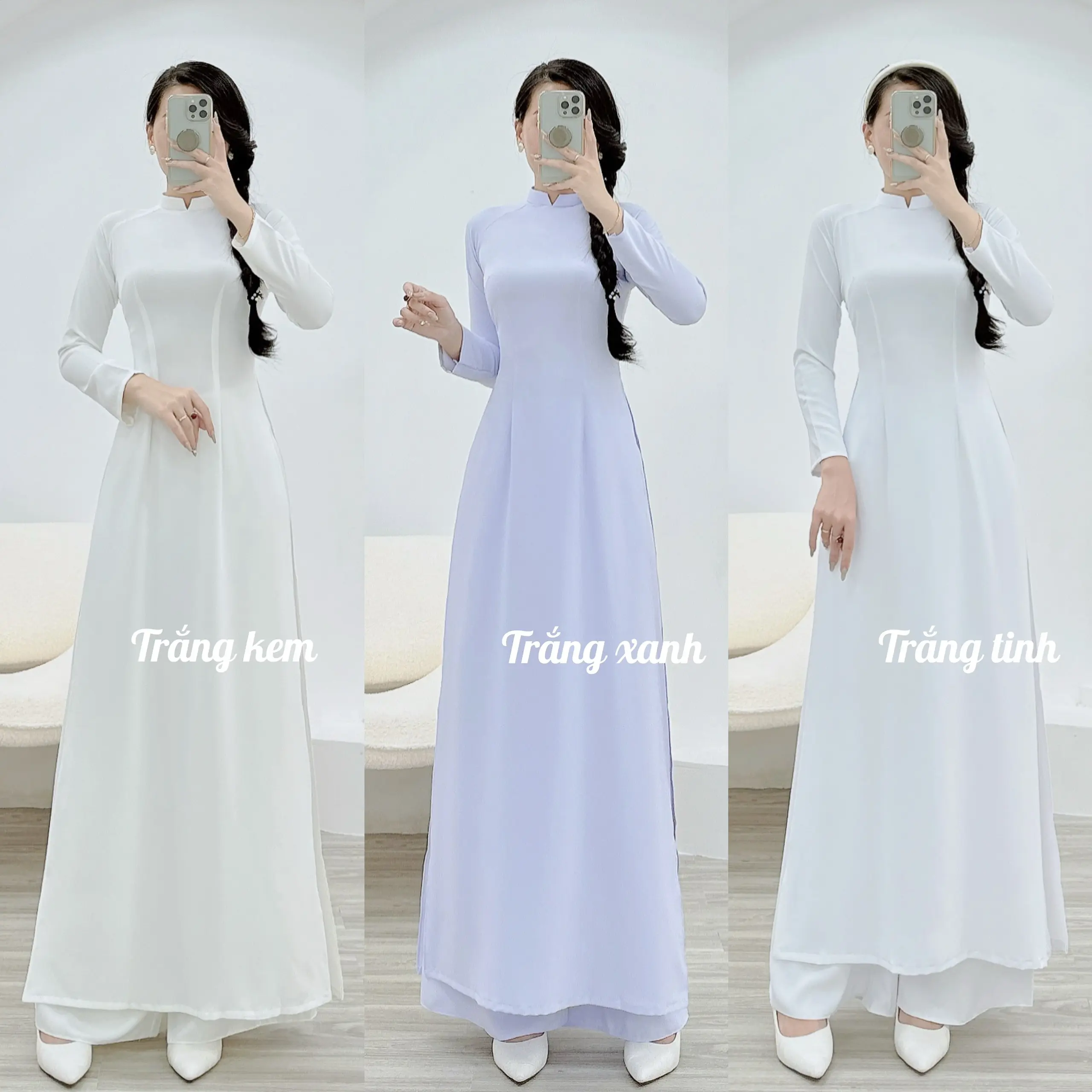 [TAY DÀI] Áo dài trơn 2 tà lụa mỹ màu trắng học sinh 3 màu trơn, trắng tinh, trắng xanh, trắng kem - MÃ T16 Nữ Women Dress
