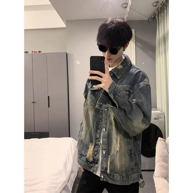Áo Khoác Denim, Phong Cách Cổ Điển Đã Giặt Và Rách, Dành Cho Nam Giới, Hợp Xu hướng, Chất Liệu Pu, Áo Khoác Đẹp Trai, Thích Hợp Cho Thanh Niên Và Sinh Viên Đường Phố Cao Cấp, Quần Áo Gấu mèo, Thời Trang, Hợp Xu hướng