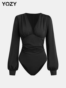 YOZY Ruched Bishop Sleeve Bodysuit/ Elegant Plain Deep V Neck Long Sleeve Bodysuit, 2024 Women's Daily Wear for Spring & Autumn