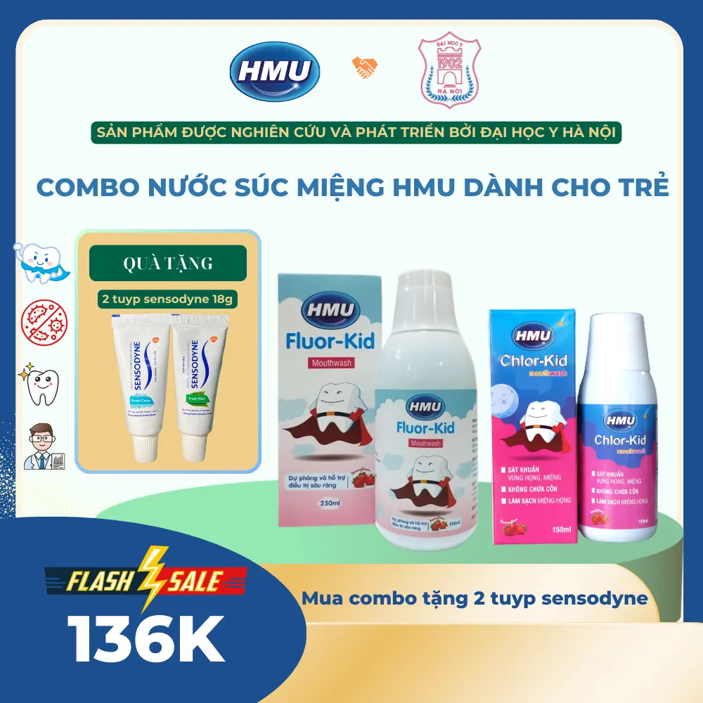 Combo nước súc miệng HMU - dành cho trẻ em ngăn ngừa viêm nướu, sâu răng