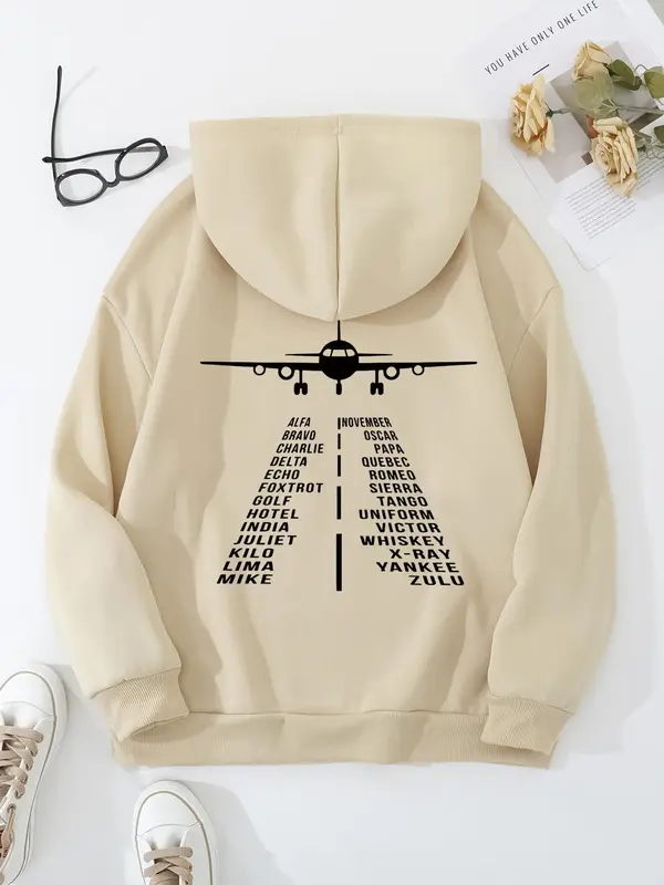 【Plus Size】 Letter & Airplane Print Drop Shoulder Hoodie, Fashion Casual Drawstring Pocket Hooded Sweatshirt for Daily Holiday Outdoor Wear, Women Clothing for Fall & Winter 4