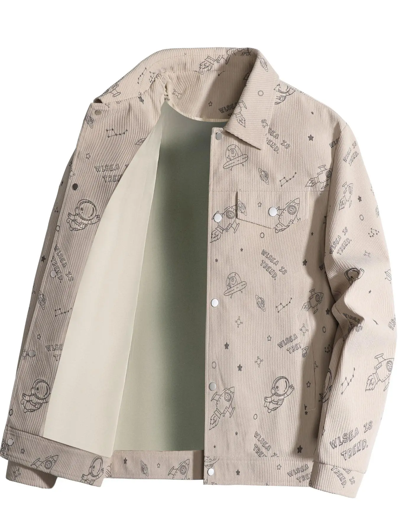Men's Regular Fit Cartoon Astronaut Print Button Front Jacket, Casual Comfy Long Sleeve Collared Outerwear for Spring & Fall, Fashion Men's Clothes for Daily Wear, Coats