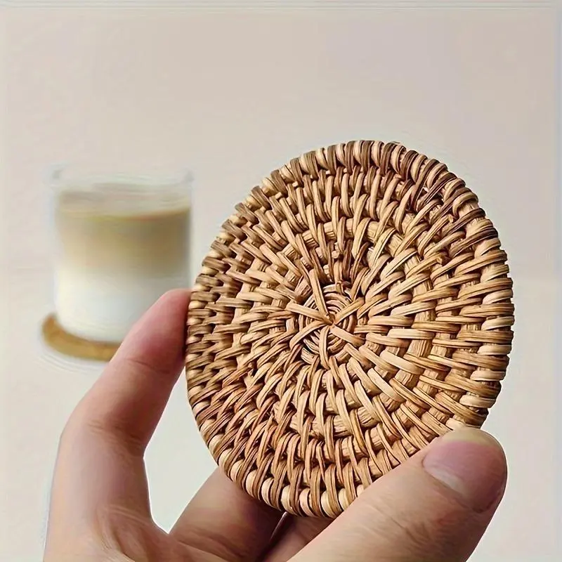 Round Rattan Braided Coaster, 2/4 Counts/set Elegant Tableware Accessory, Decorative Coaster for Home Kitchen Dining Room 2