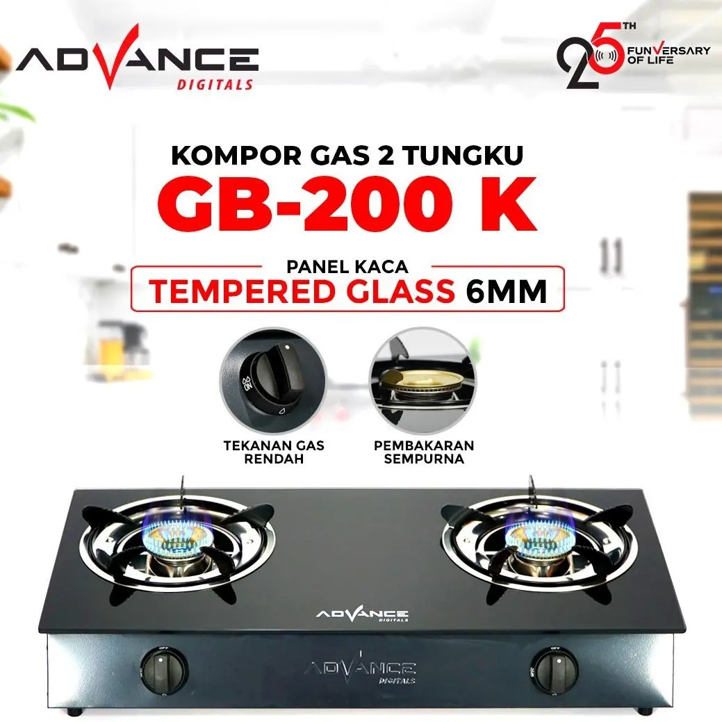 【NEW】 Advance GB-200K Kompor Gas 2 Tungku Kaca Api Biru Bahan Tebal irit Gas Garansi Resmi 1 Tahun