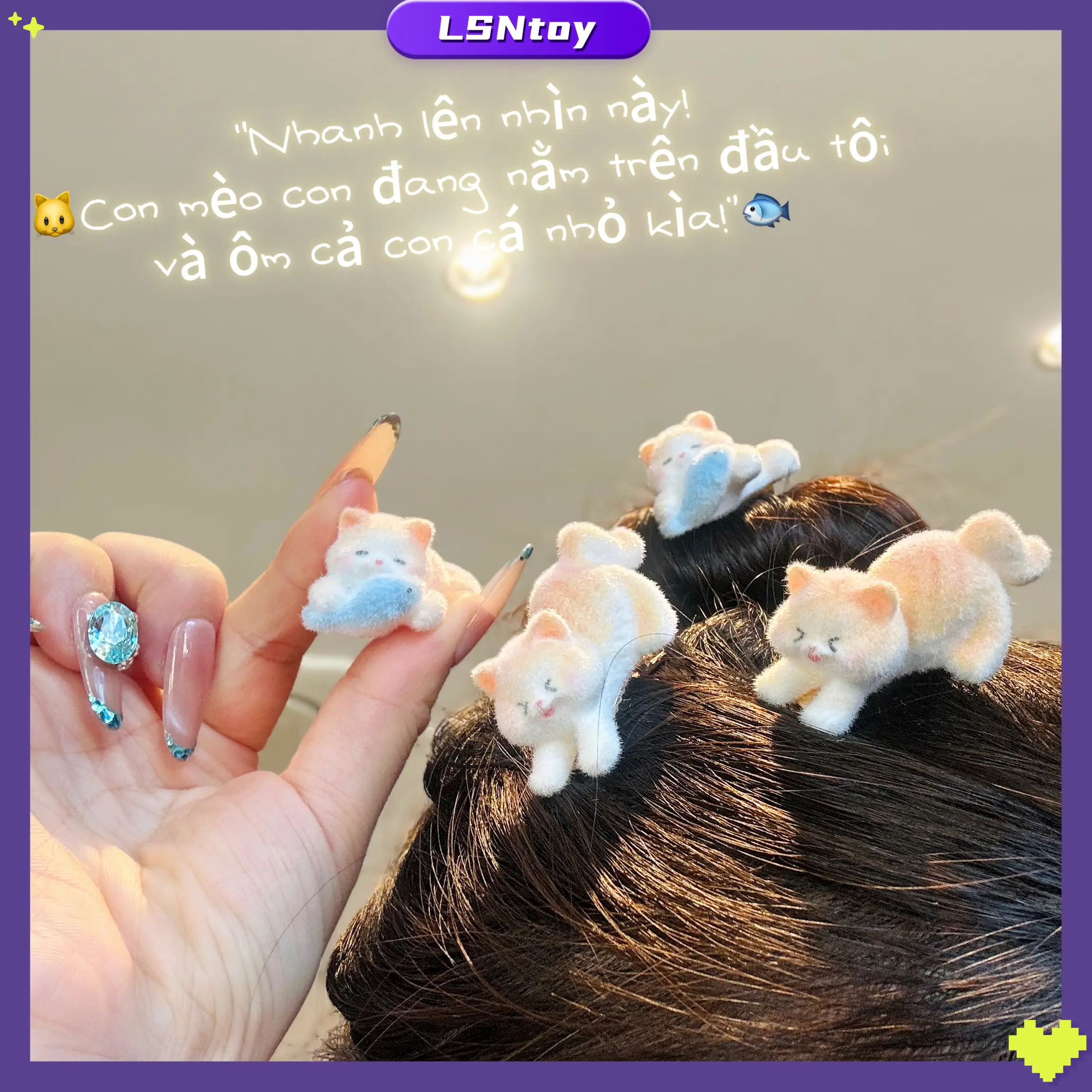 LSNtoy - Kẹp tóc mèo nhung dễ thương, hình mèo ăn cá, phụ kiện xinh cho nữ, quà tặng bạn gái - 1