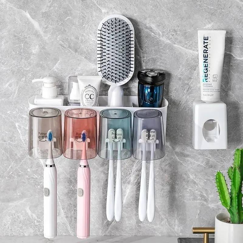 Kệ để bàn chải nhả kem đánh răng tự động thông minh giá treo 4 cốc để đồ dán tường dùng cho nhà tắm