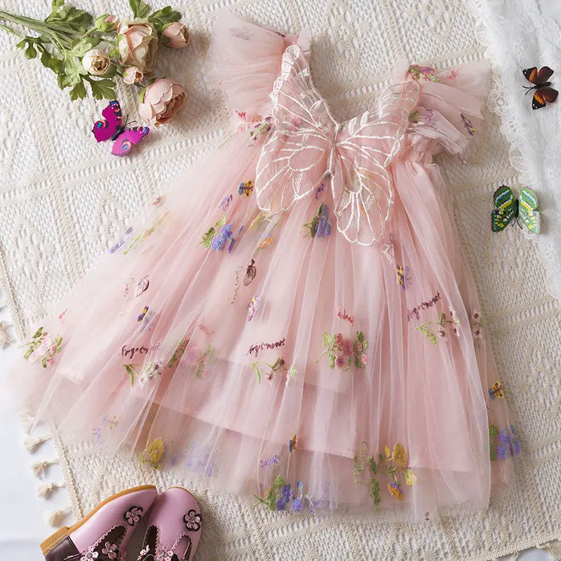 Butterfly Dress for Kids Girls 1-5 Years Ruffles Sweet Summer Mesh Dress Flower Embroidery Birthday Party Princess Dresses with Butterfly 4
