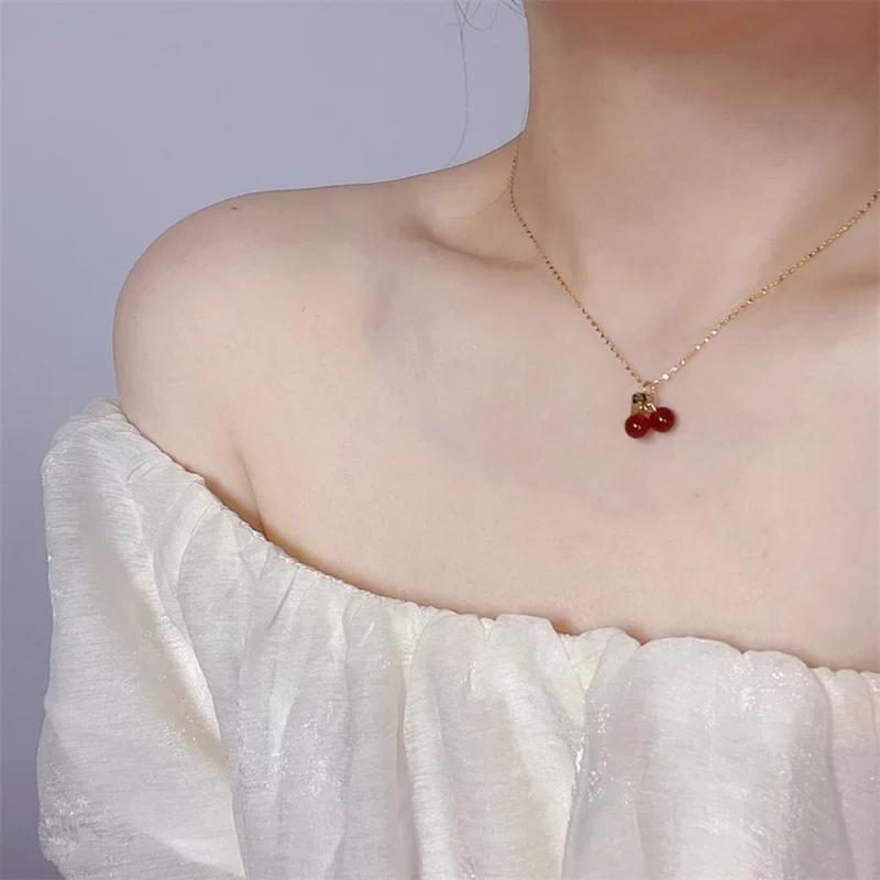 Stainless Steel Cherry Necklace, Cute Bead Pendant Necklace, Ladies' Wedding Jewelry, Birthday Gift Necklace 3