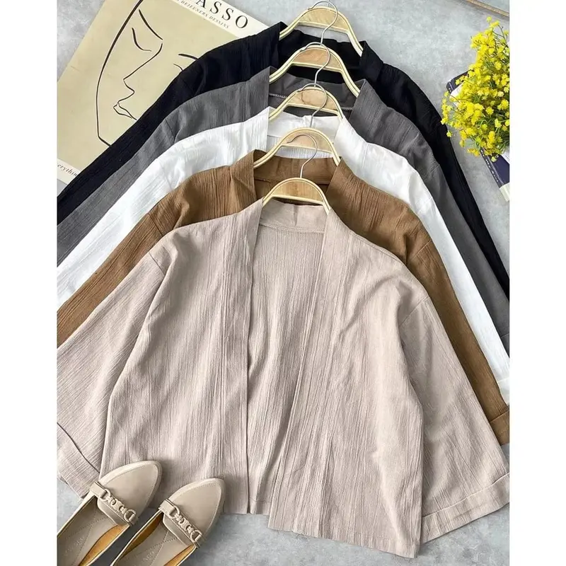 Outer Wanita Crop Lengan 3/4 Outer Kiyowo Cardi Crop Linen Crinkle Belia Outer Crop Baju Cardigan Blazer Wanita kemeja 3⁄4 Atasan Kardigan Oversize Simple Casual Nyaman Basic kondangan korean style Fit 4