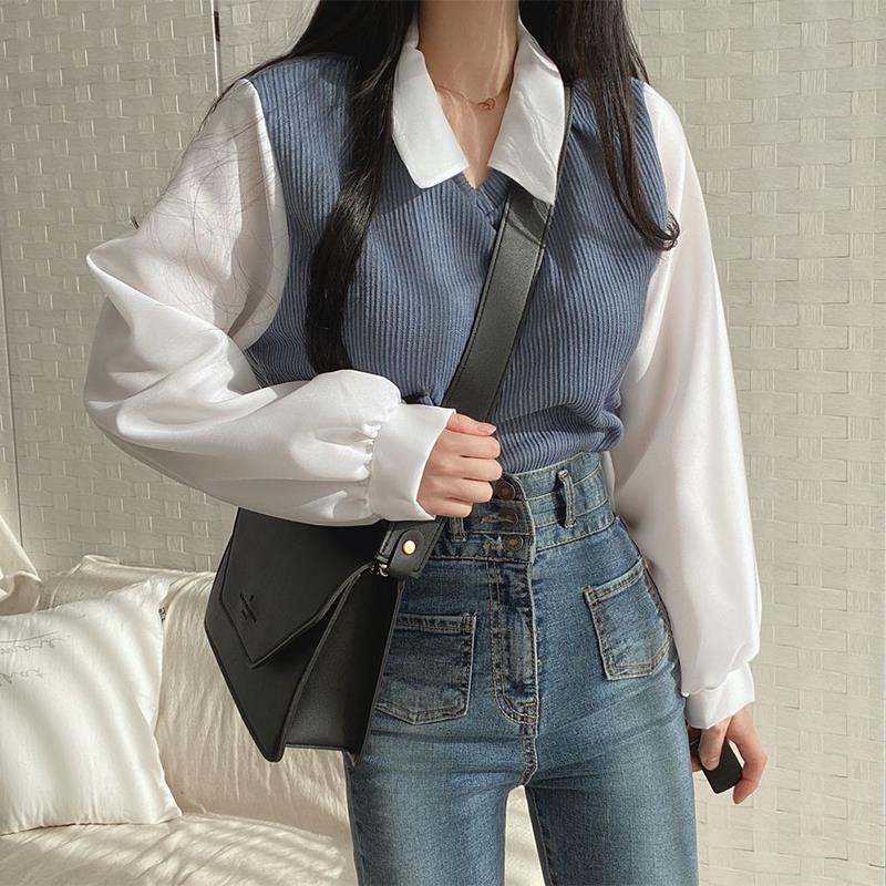 Áo Phông Dài Tay Áo, Sọc, Thiết Kế Hai Mảnh Giả, Phong Cách Cổ Điển Mỹ, Chắp Vá, Cổ Polo, Áo Len, Dáng Rộng Vừa Vặn, Phong Cách Đường Phố Cao Cấp, Áo Cổ Polo, Ins Women Top Nữ 3
