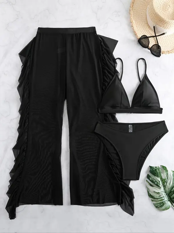 Plus Size Three-Piece Set Triangle Bra & Ruffle Trim Wide Leg Pants & Panty Bikini Set, Casual Adjustable Strap Swimwear Set, Women's Swimsuit for Summer Beach Holiday Vacation, Summer Holiday Outfits 2024 0