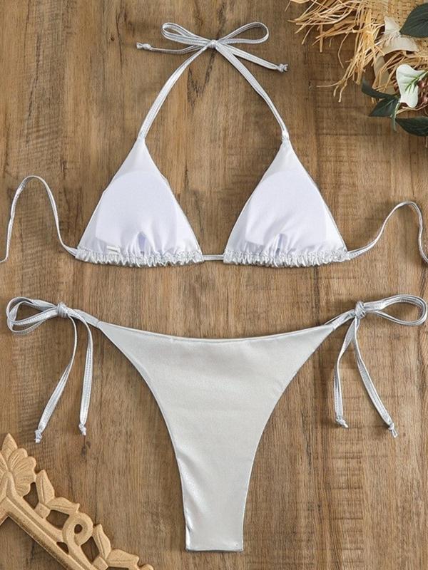 Two-Piece Set Women's Tie Back Halter Bikini Swimsuit, Glitter Fabric Triangle Bra & Tie Side Panty Swimwear for Beach Party Vacation, Women's Swimsuit Sets for Summer, Bathing Suits Bikini Set 2024 for Women 7