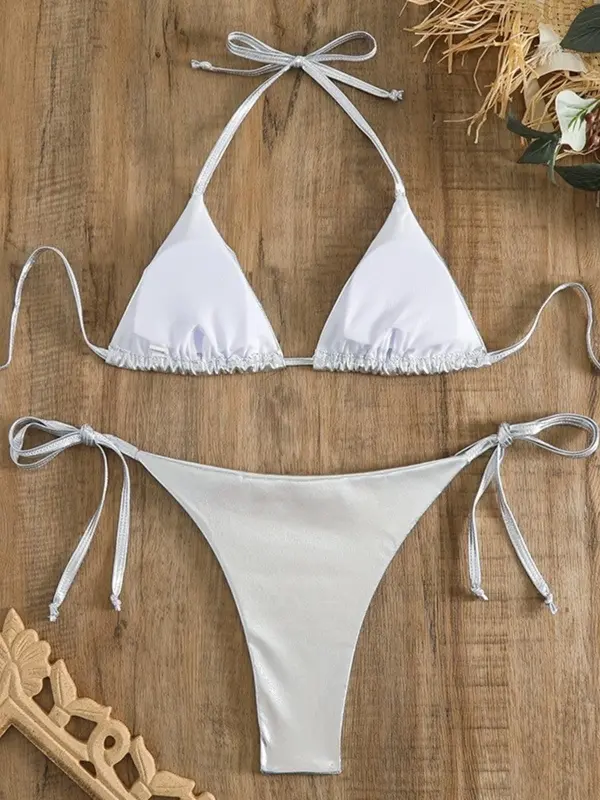 Two-Piece Set Women's Tie Back Halter Bikini Swimsuit, Glitter Fabric Triangle Bra & Tie Side Panty Swimwear for Beach Party Vacation, Women's Swimsuit Sets for Summer, Bathing Suits Bikini Set 2024 for Women 7