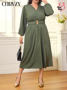 CURVZY Plus Size Solid Belted Bishop Sleeve Dress, Elegant Long Sleeve Dress for Party Holiday Wedding Guest, Women's Clothes for All Seasons