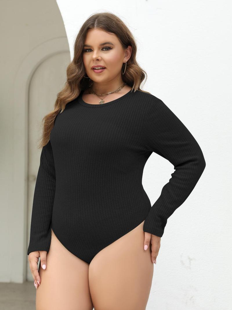 Product Introduction of 【Plus Size】 Solid Round Neck Ribbed Bodysuit, Casual Long Sleeve Crew Neck Bodysuit for Spring & Fall, Women's Clothes for Daily Wear 11