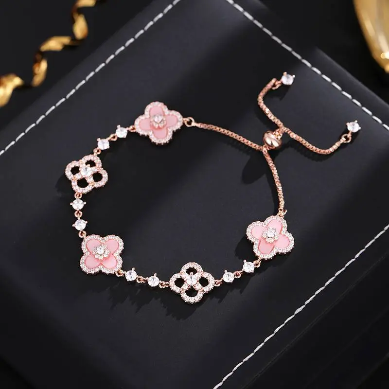 2025 New Pink Diamond Set Flower Bracelet, Adjustable Length Pink Clover Bracelet Hollow out Four Leaf Premium Lucky Bracelet