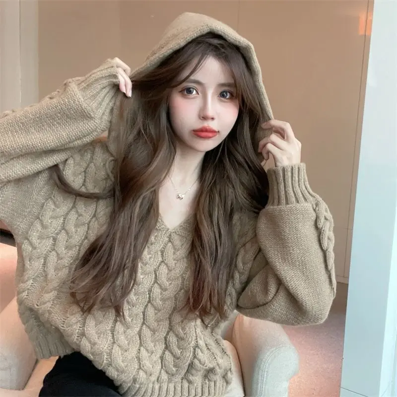 Soft Glutinous Idle Style Cable-Knit Sweater Women's Spring and Autumn New Design Sense Niche Hooded Short Sweater Loose Top Knitwear Womenswear Lingerie Knitting Longsleeve Minimalist